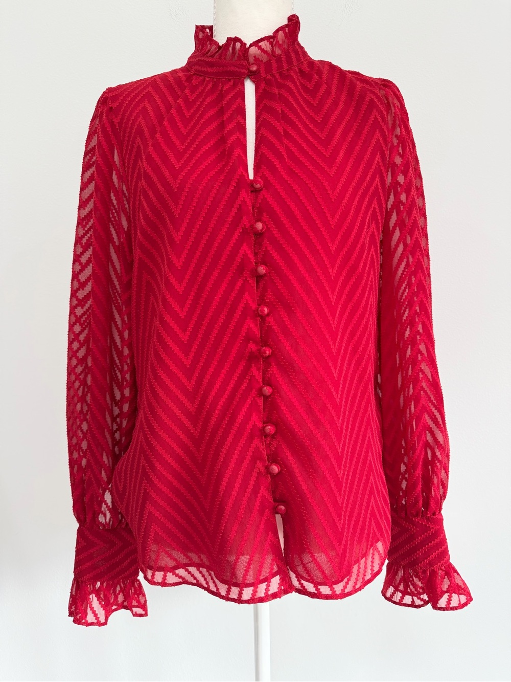Walter Baker Red Sheer Chevron Ruffle Blouse Size Small